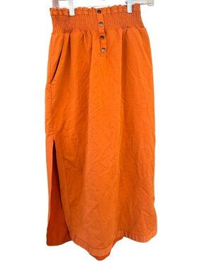 Anthropologie Smocked Waist Orange Maxi Skirt With Side Slits & Pockets Size L